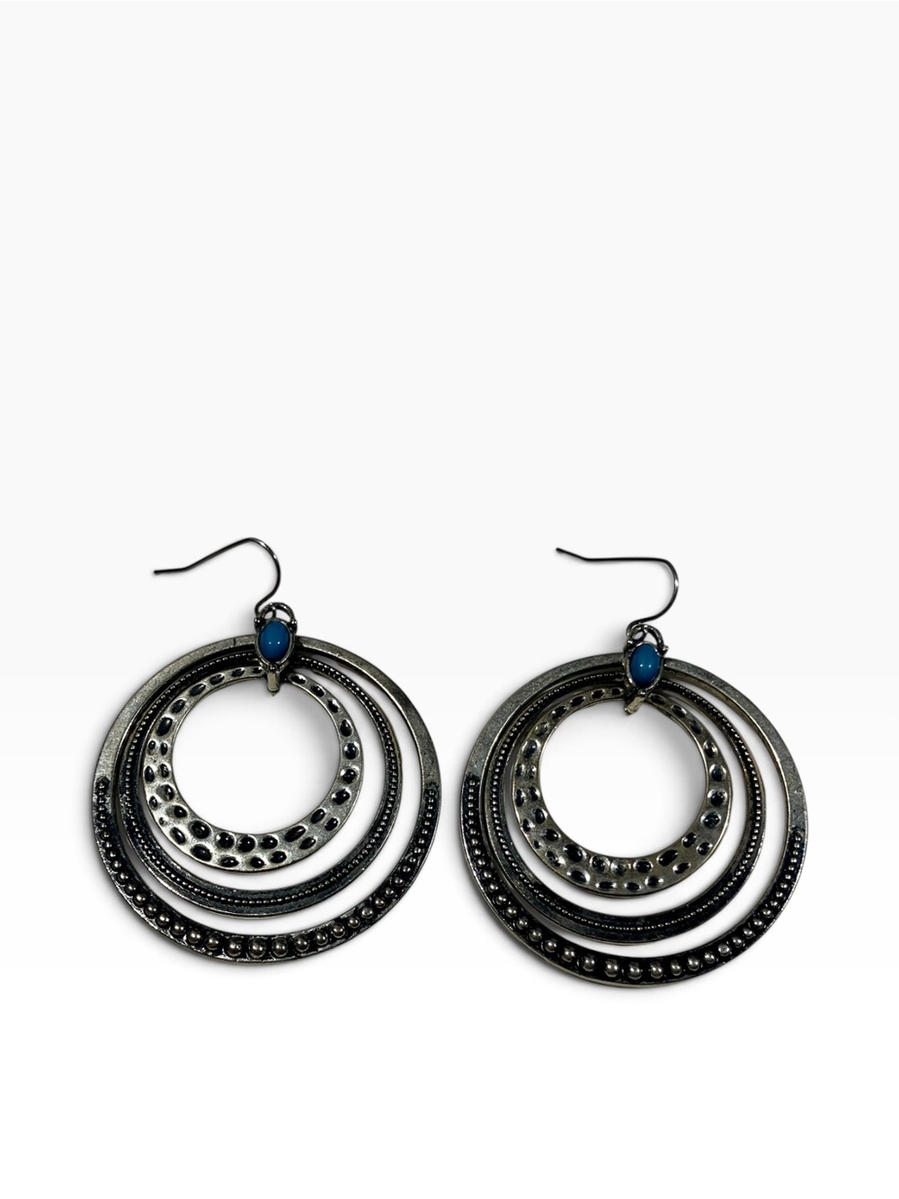 Silver Tone Triple Hoop Dangle Earrings With Faux Turquoise Stone Boho Western